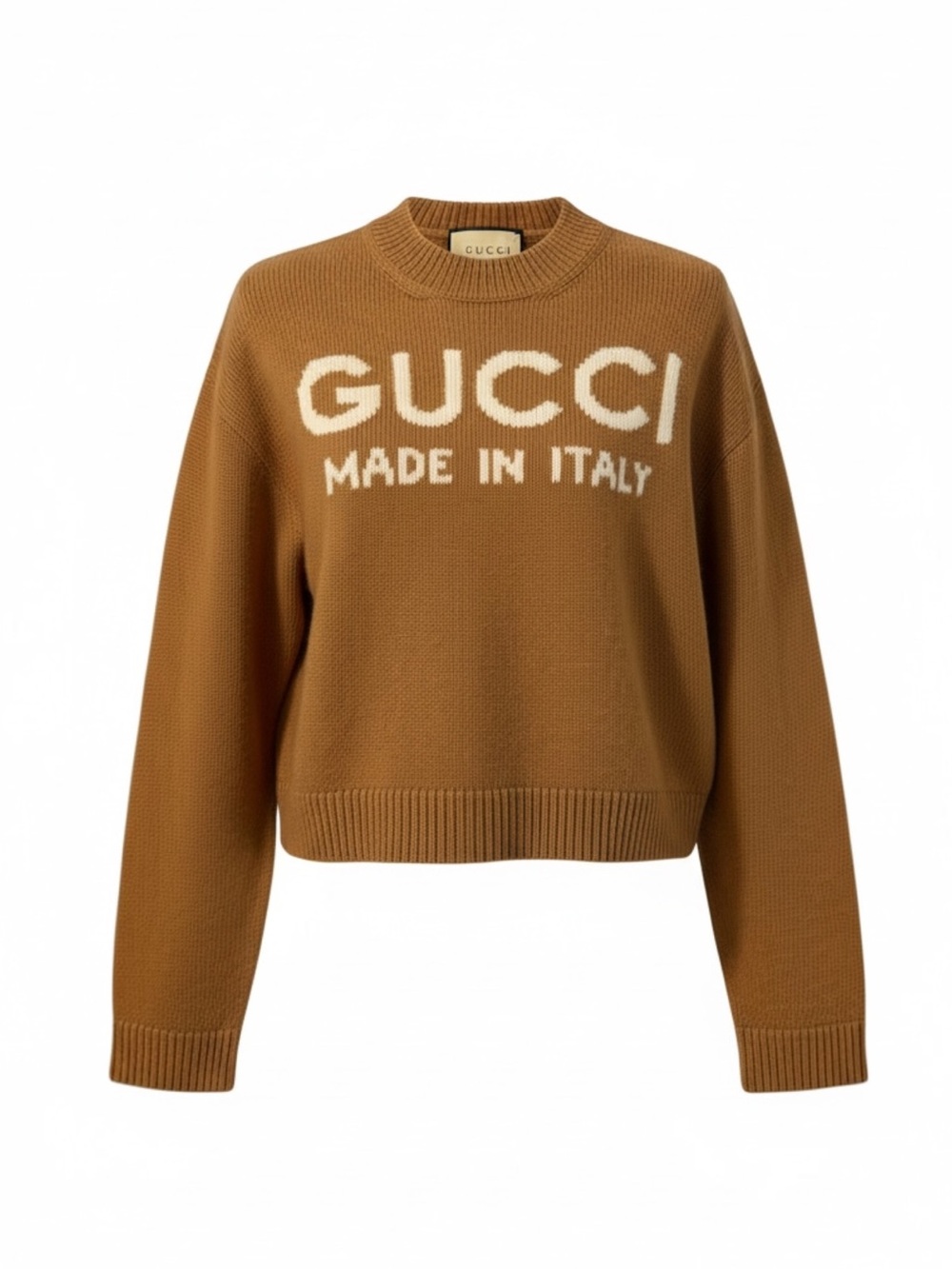 Gucci Intarsia Camel Cropped Wool Sweater Size Medium